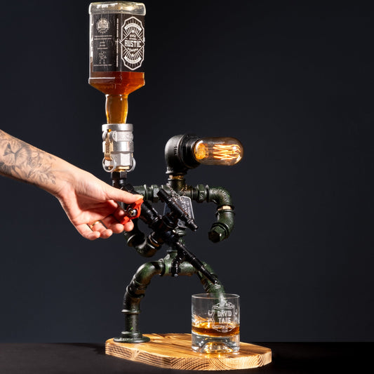 wooden beer taps: "Wooden beer taps for a rustic bar experience."